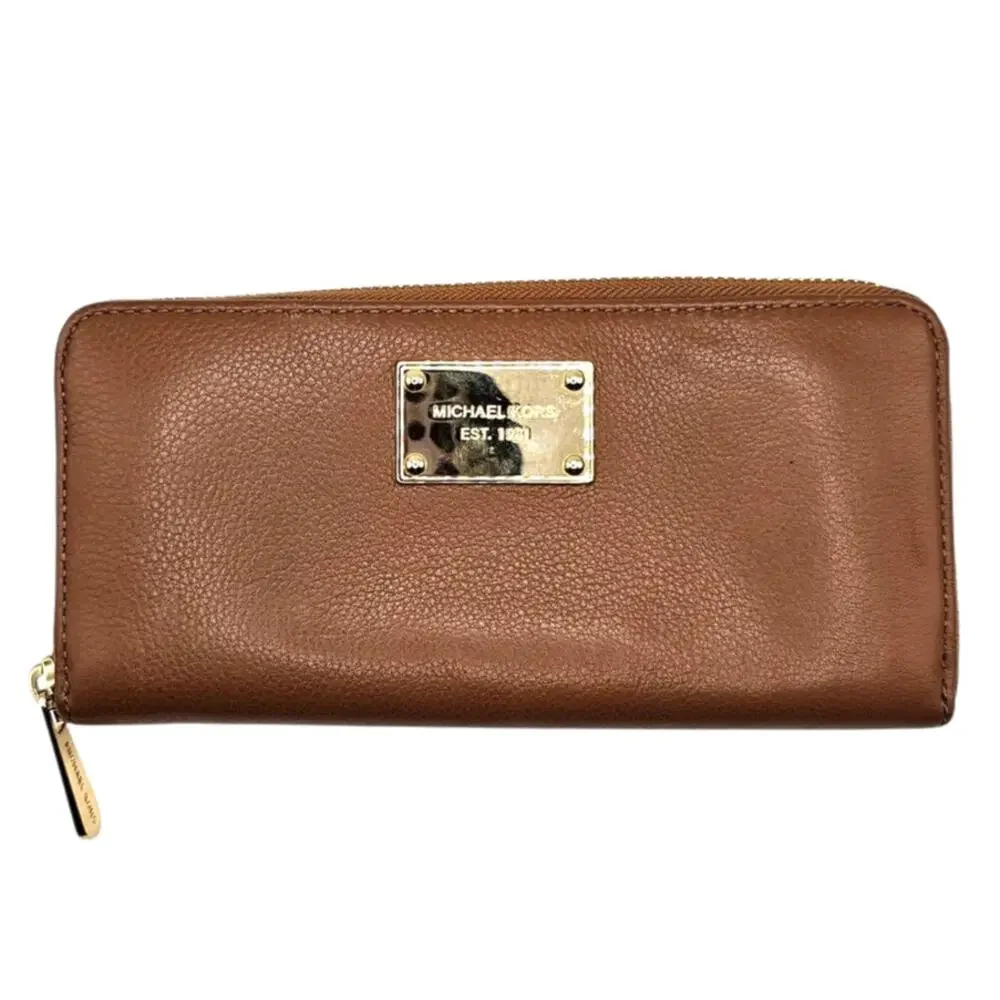 Michael Kors Brown Jet Set Travel Continental Leather Wallet with Gold Hardware